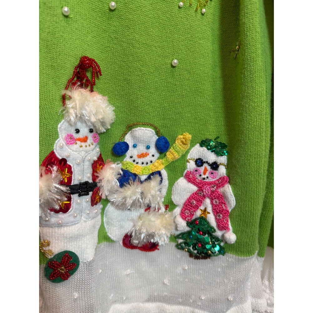 Berek Womens Green Snowman Embellished Zip Up Holiday Christmas Sweater Medium - Picture 3 of 8
